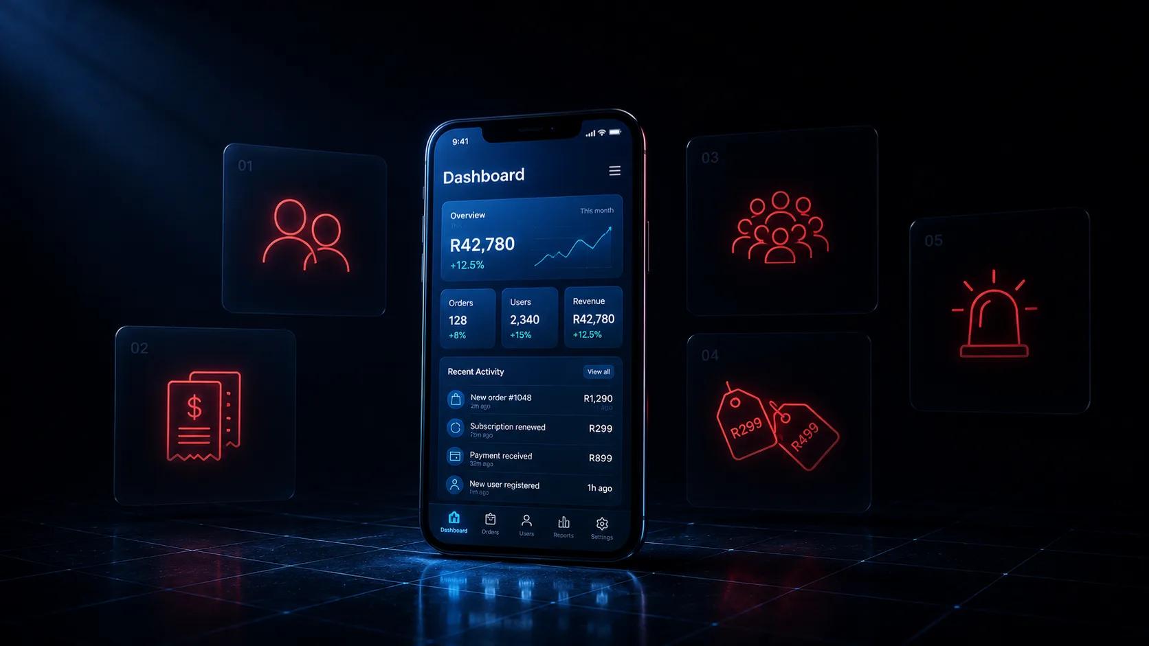 A dark illustration of a phone showing a working app, lit from one side only, with five unlit areas behind it labelled with small icons: two user silhouettes overlapping, a duplicated payment receipt, a crowd, two contradicting price tags, and an unlit warning lamp
