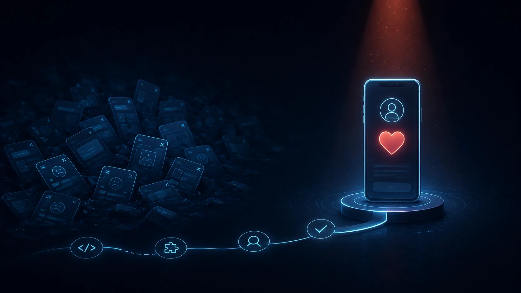 A pile of broken app screens with frowning faces on the left, contrasted with a single phone on a lit pedestal on the right showing a profile with a glowing red heart, connected by a glowing path of code, puzzle, user, and checkmark icons