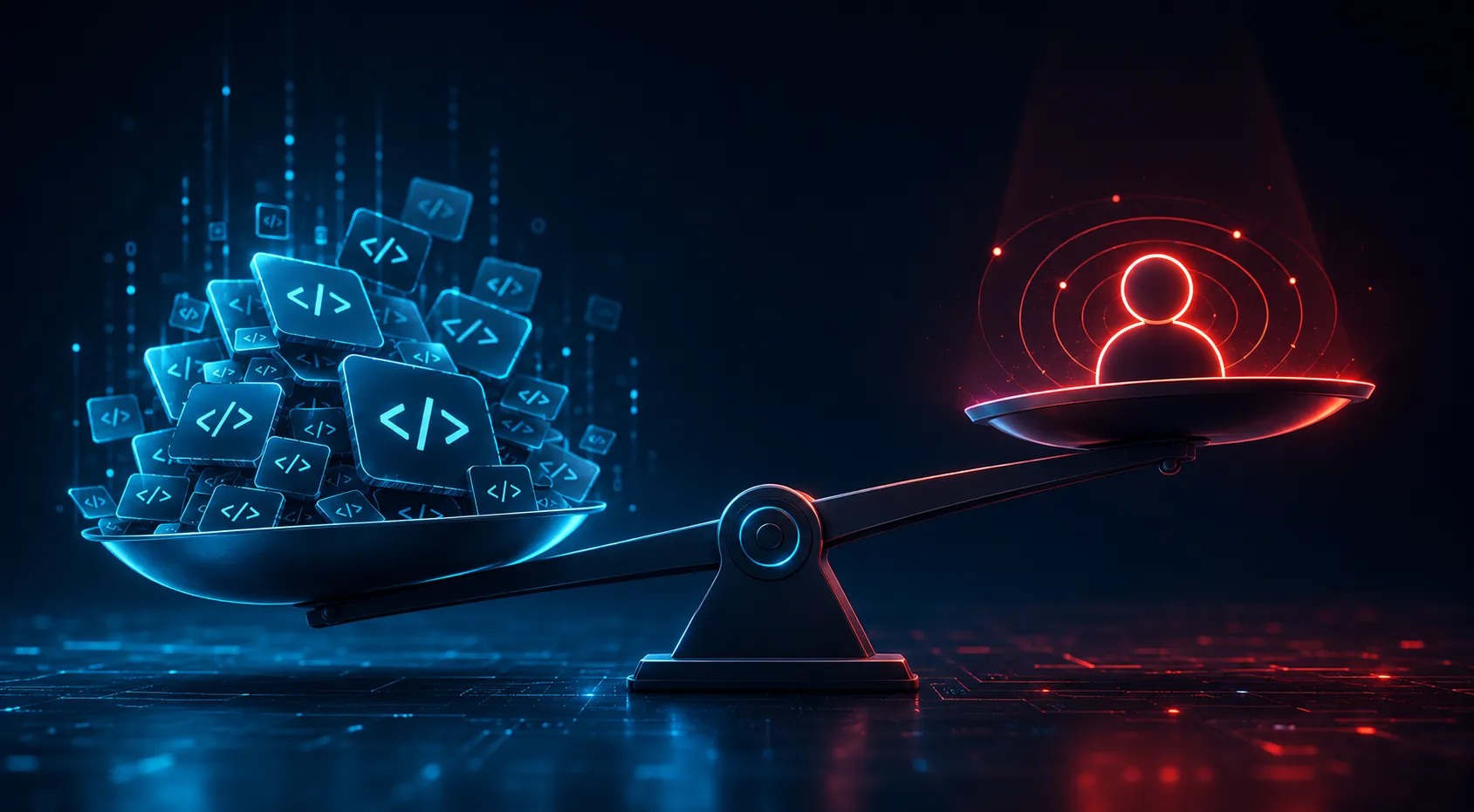 A balance scale tipped toward a huge pile of blue code cards on the left, outweighing a single glowing red human figure on the right
