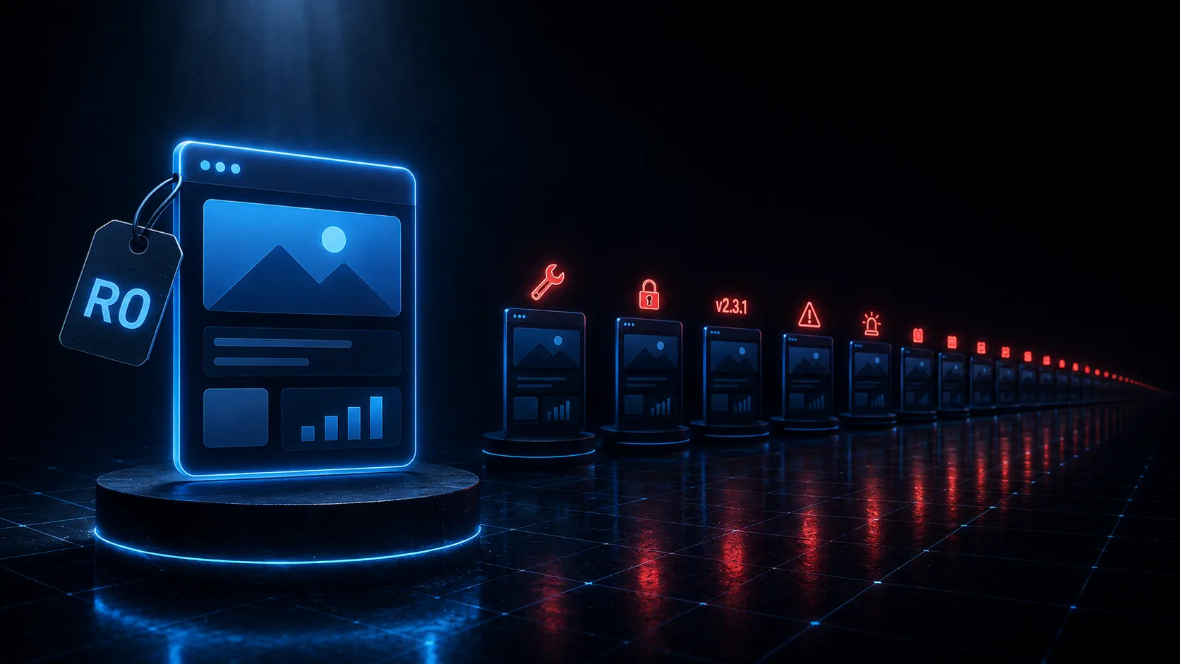 A dark illustration of a glowing blue app window sitting on a pedestal with a price tag reading R0, and stretching away behind it a long dim corridor of smaller identical windows marked with maintenance icons: a wrench, a padlock, a version number, and a red outage light