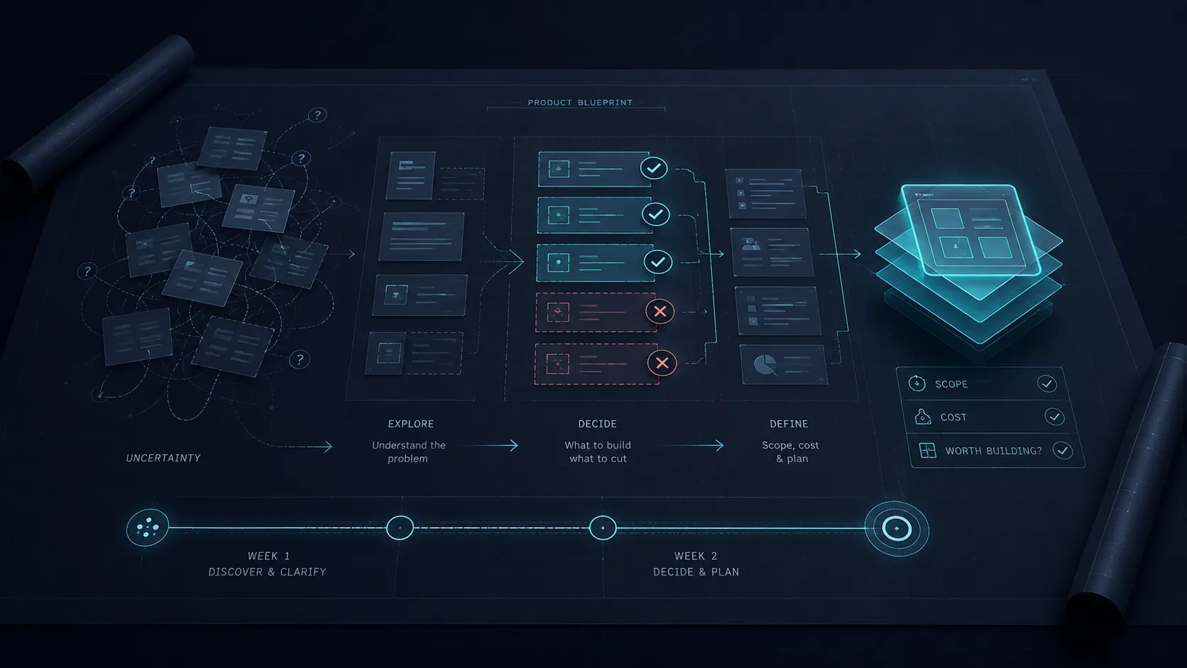 A product blueprint document: the planning sprint that replaces assumptions with decisions before development begins