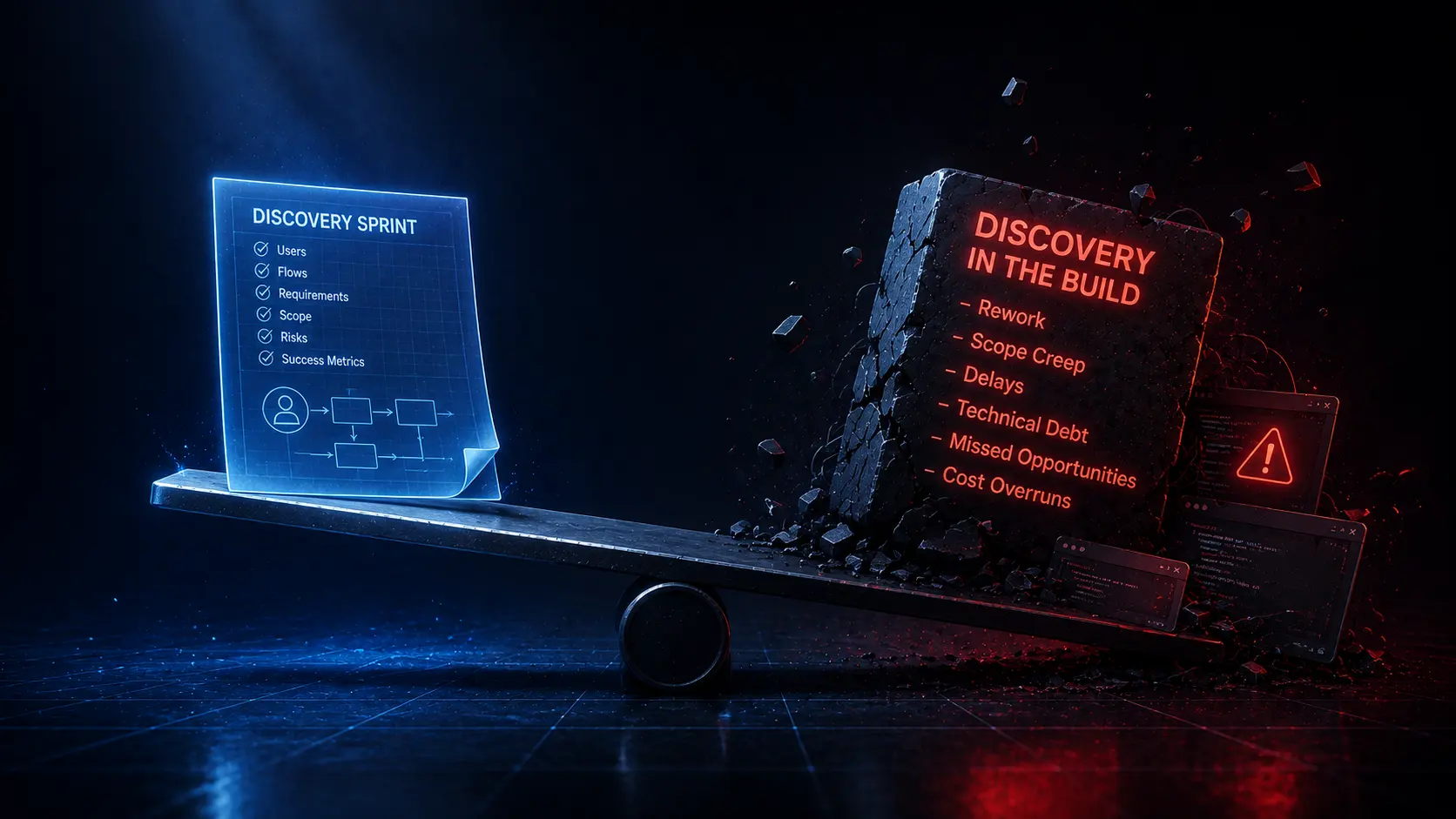 A seesaw with a small glowing blue Discovery Sprint document on the raised side, listing users, flows, requirements, scope, risks and success metrics, outweighed by a massive cracked block of stone in red on the lowered side reading Discovery In The Build, listing rework, scope creep, delays, technical debt, missed opportunities and cost overruns, surrounded by error consoles and a warning icon