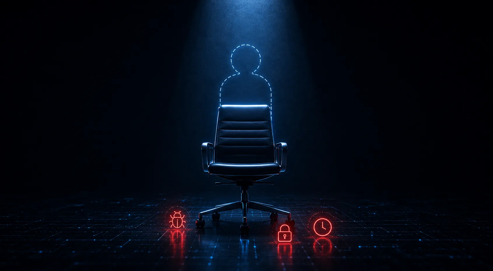A dark illustration of an empty office chair under a single spotlight, with a dashed blue outline of a person hovering above it where someone should be sitting, and small glowing red icons of a bug, a padlock, and a clock on the floor beside it