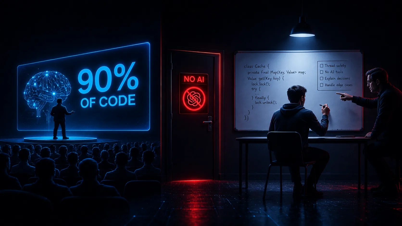 A dark split illustration: on the left a brightly lit conference stage with a speaker and a slide reading '90% OF CODE', on the right a bare interview room where a candidate writes on a whiteboard by hand while an engineer points at one line, with a small red 'NO AI' marker on the door between them
