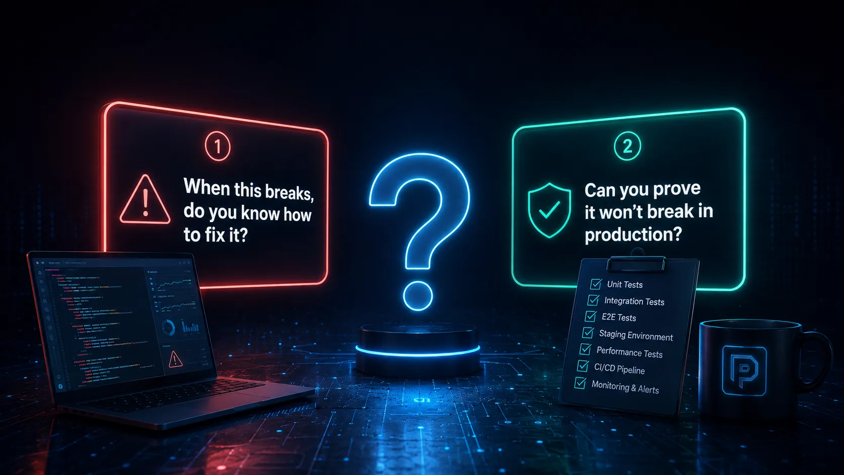 Two framed questions: 'When this breaks, do you know how to fix it?' in red and 'Can you prove it won't break in production?' in green, with a glowing question mark in the center, a laptop on the left, and a testing checklist and mug on the right
