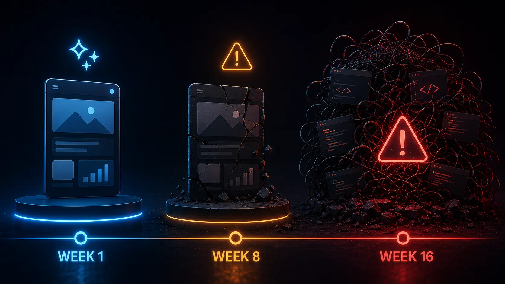 A dark three-stage timeline: Week 1 shows a clean app on a glowing blue pedestal with sparkles; Week 8 shows the same app cracked and crumbling under an orange warning sign; Week 16 shows a tangled nest of wires and code windows with a glowing red warning triangle