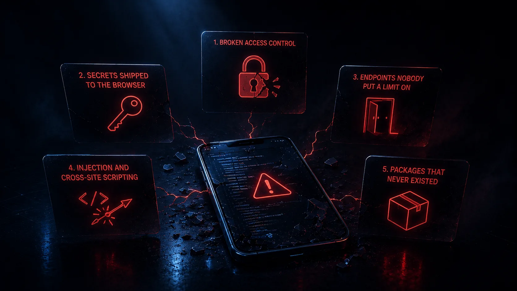 A cracked phone screen on a dark surface with red fracture lines radiating outward to five glowing red panels, each numbered and labelled with an icon: a broken padlock, a key, an open door, an arrow piercing a code bracket, and a package box