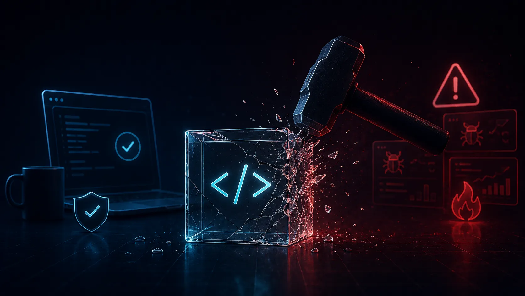 A laptop with a checkmark shield on the left, a glass cube marked with a code symbol being smashed by a hammer in the center, and red glowing bug, warning, and dashboard panels on the right